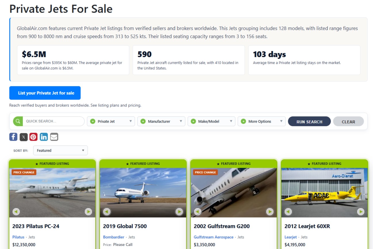 GlobalAir.com обновляет раздел продажи воздушных судов